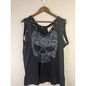 Ay Guey! Y2k Embellished Graphic Skull Tank Top with Gold Grommets